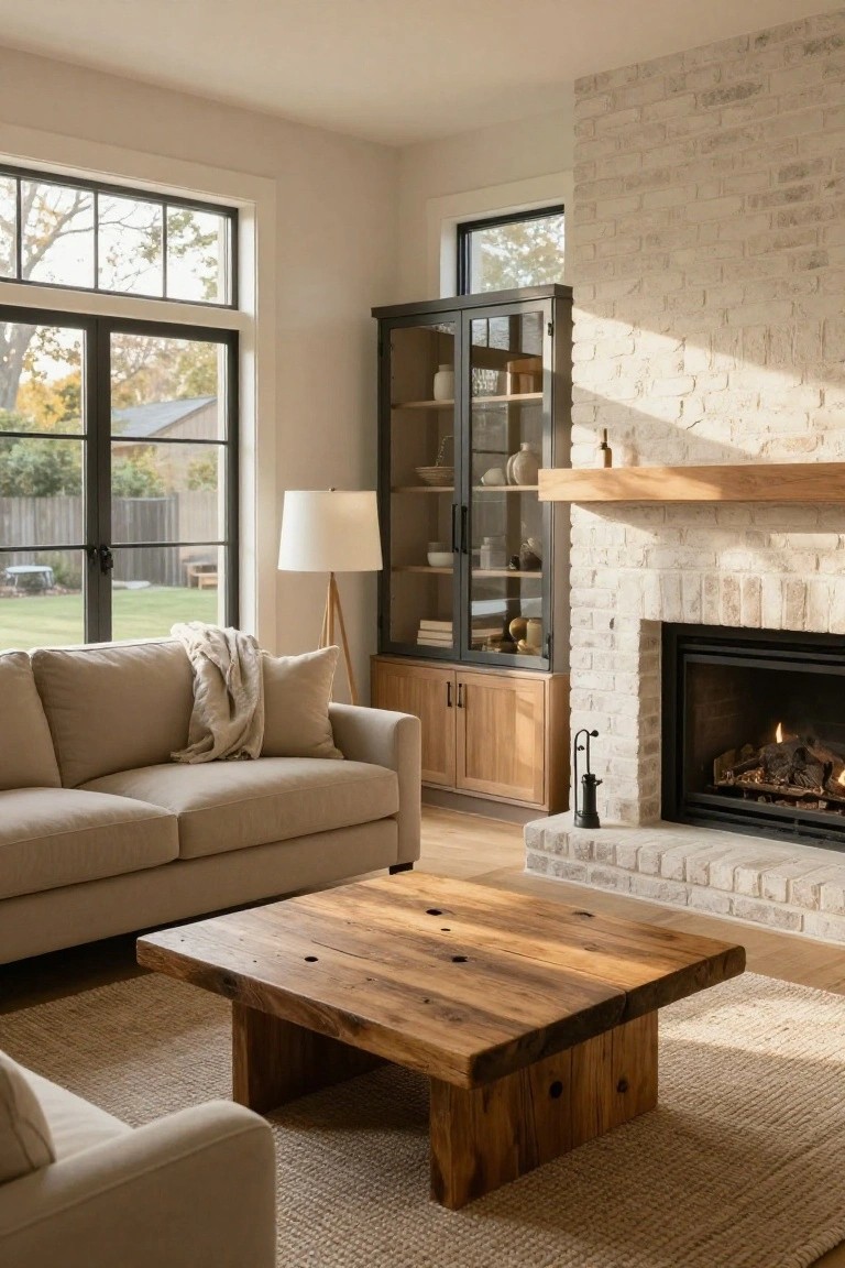 Living room with beige sofa on rug, low rectangular coffee table made of thick wood slab with knots and visible legs, white brick fireplace with gas logs burning, black metal display cabinet, floor lamp, and large black-framed windows overlooking yard and trees.