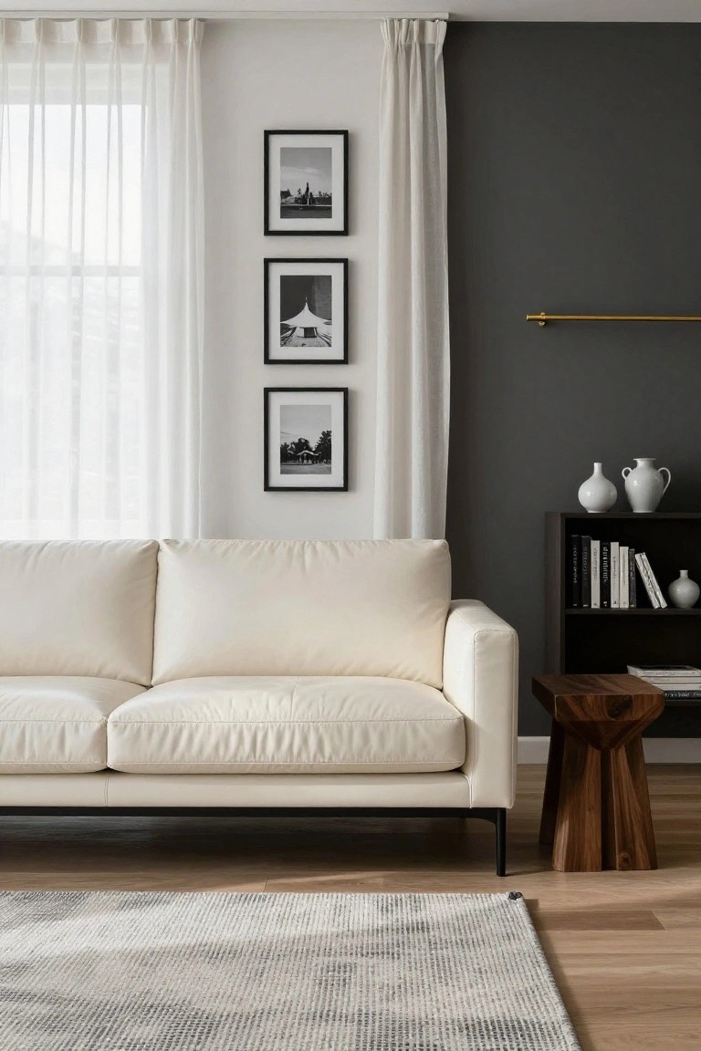 Modern living room with a light cream L-shaped leather sofa on black metal legs, a geometric wood side stool, black bookshelf holding books and white vases, three black-framed black-and-white photos on the wall, sheer white curtains at the window, dark gray accent wall, and light gray rug on wood floors.