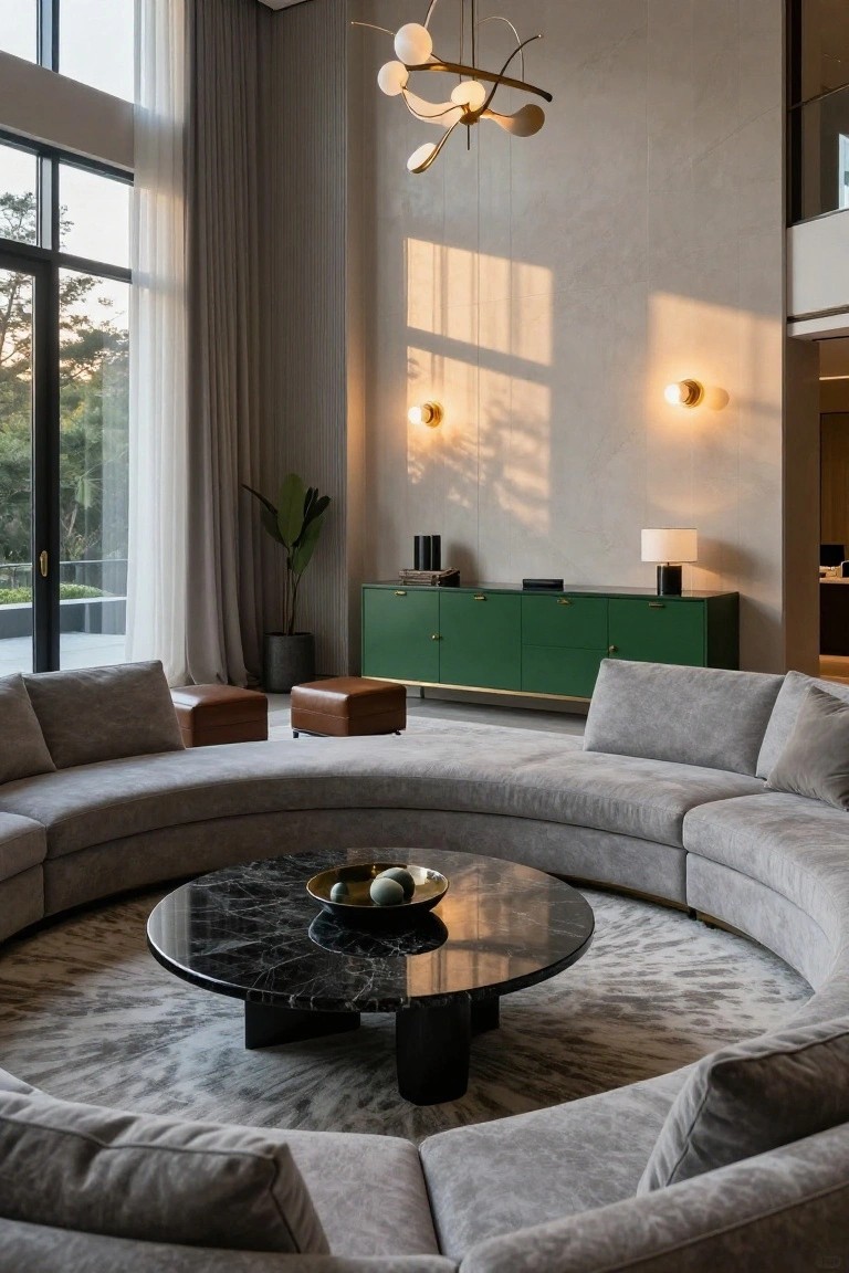 Modern living room with curved light gray sectional sofa surrounding a round black marble coffee table, green credenza, potted plant, and large windows to outdoor view.