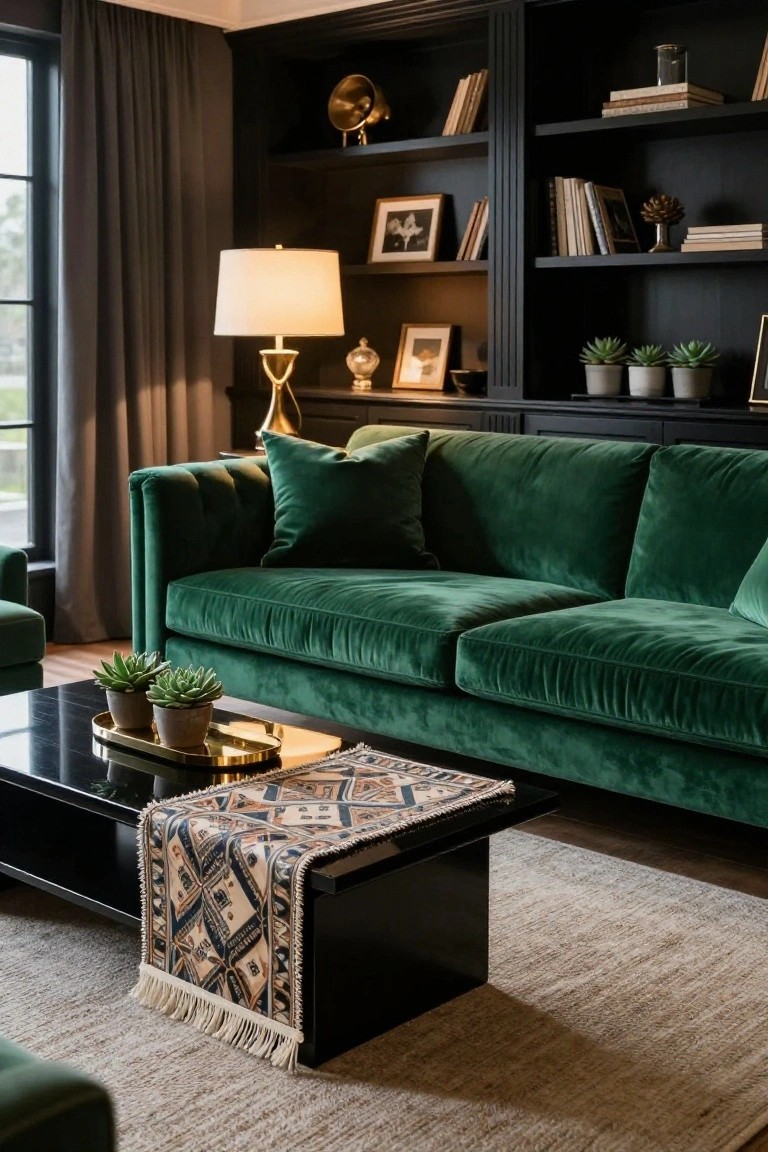 A living room with dark wood built-in bookshelves, emerald green tufted velvet sofa, black rectangular coffee table holding succulents and a patterned runner, beige rug, and potted plants on shelves.