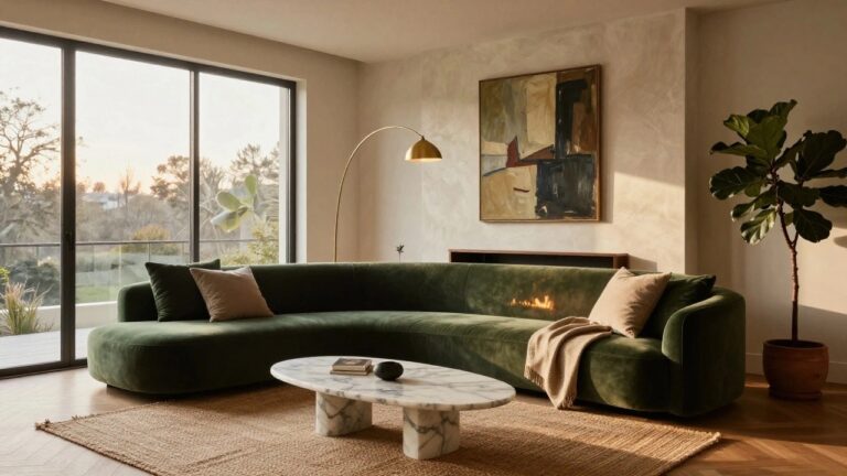 Modern living room with two curved green velvet sofas, white marble coffee table, gas fireplace, abstract painting on stone wall, fiddle leaf fig plant, and large black-framed windows.