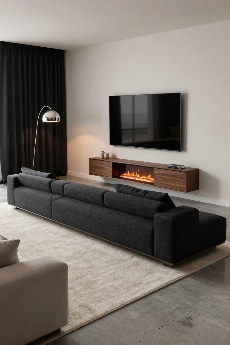 Modern living room with dark gray L-shaped sofa facing wall-mounted TV over walnut floating console with gas fireplace, black curtains on one side, arc floor lamp, beige rug, and polished concrete floor.