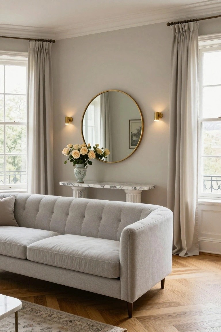 Light gray tufted sofa in a beige-walled living room facing a white marble console table on two pedestal supports, topped with a blue vase of cream roses under a large round gold mirror flanked by two gold wall sconces, with herringbone wood floors and cream curtains on multi-pane windows.