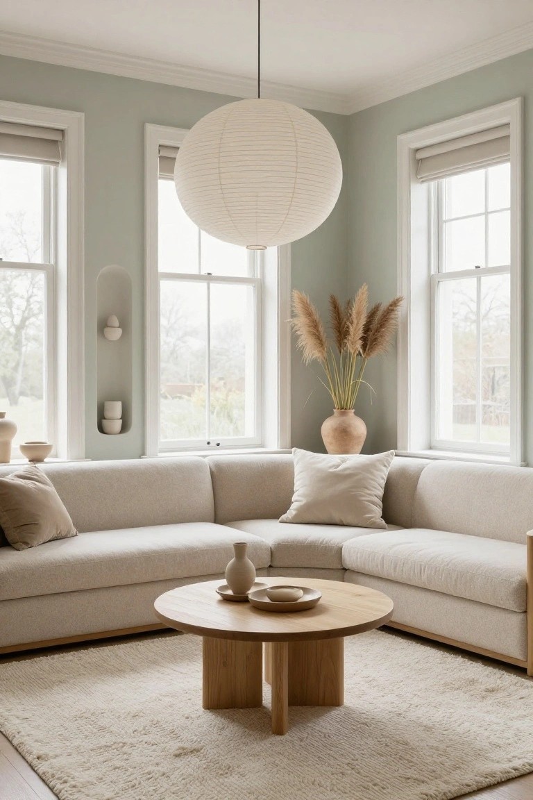 Corner of a sage green living room with beige L-shaped sofa, round wooden coffee table on cream rug, pampas grass in terracotta pot, paper lantern overhead, and large windows.