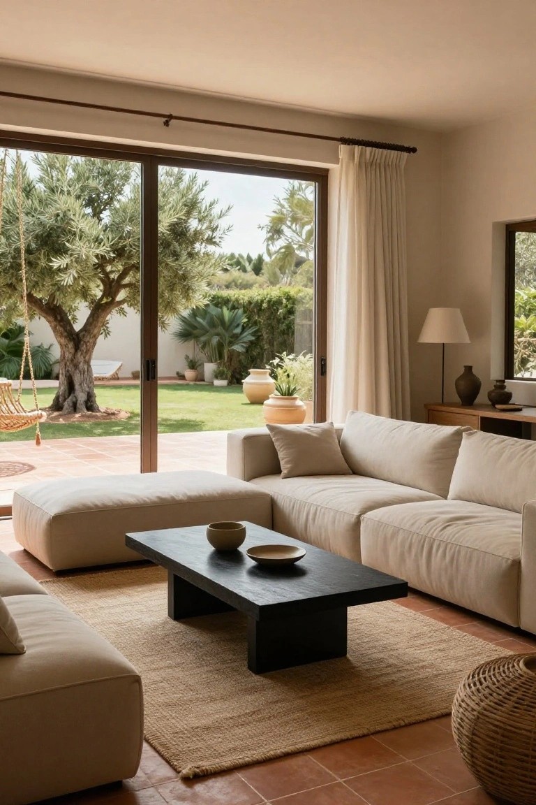 Beige modular L-shaped sofa with ottomans and black coffee table in a light-walled living room with sliding glass doors open to a garden featuring an olive tree and hanging swing.