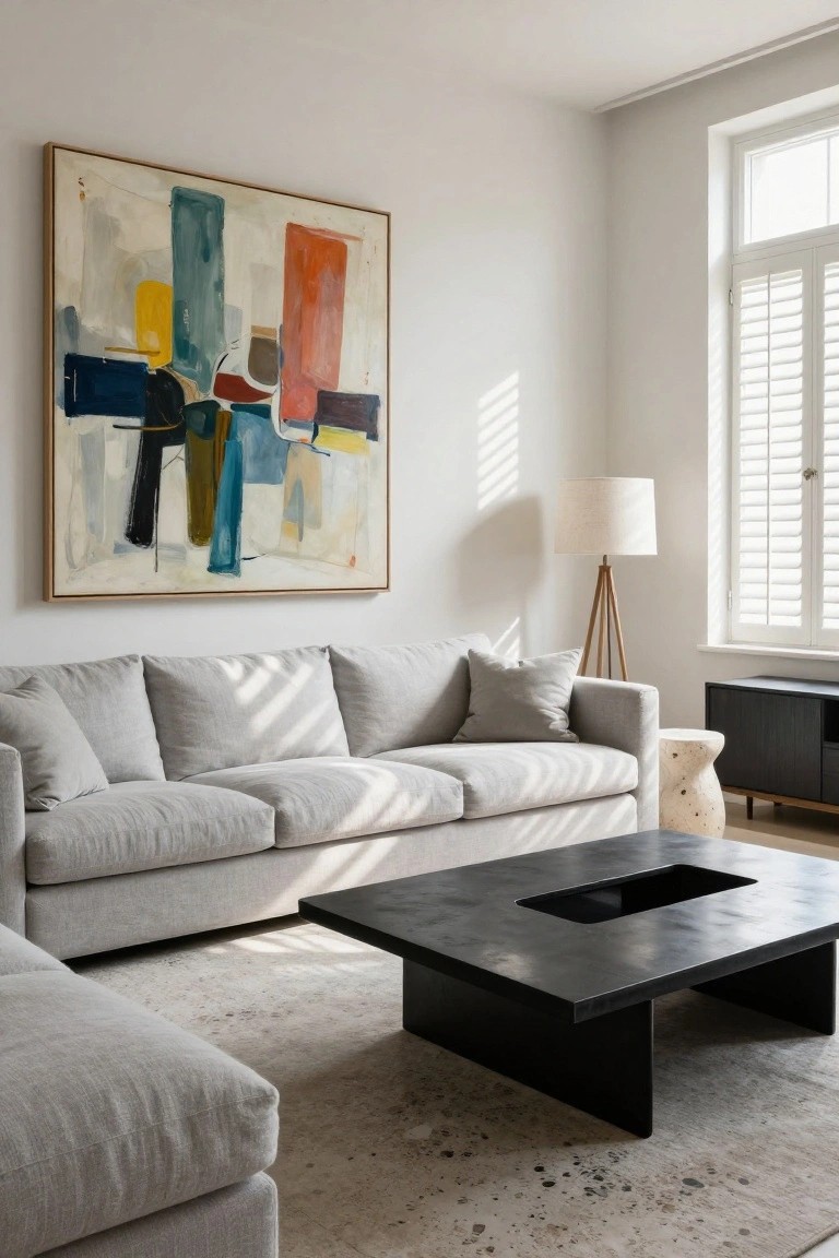 Modern living room with large colorful abstract painting in gold frame above light gray L-shaped linen sofa, black rectangular coffee table with cutout, tripod floor lamp, dark wood sideboard with stone stool, beige rug, and sunlight through white shuttered windows.