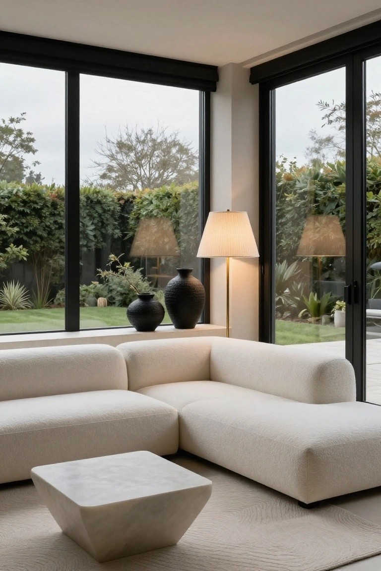 Modern living room with large L-shaped cream sofa, white angular coffee table, two black vases, tall floor lamp with beige shade, and black-framed sliding doors to garden.