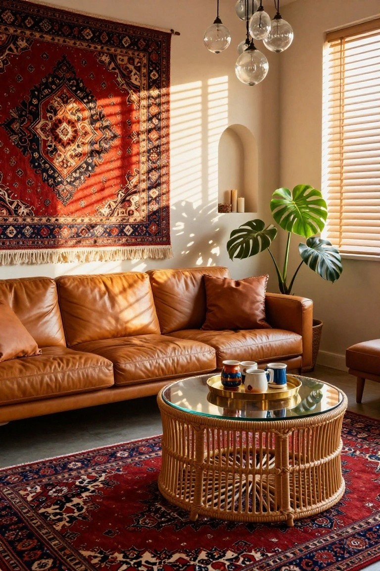 Living room with tan leather sofa on layered red Persian rugs, rattan coffee table with glass top and cups, monstera plant, wall-hung rug, and pendant lights near window with blinds.