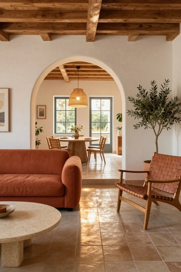 Living room with rust-colored curved sofa, stone coffee table, tan leather chair, exposed wooden beam ceiling, arched doorway to dining area, and potted olive tree.
