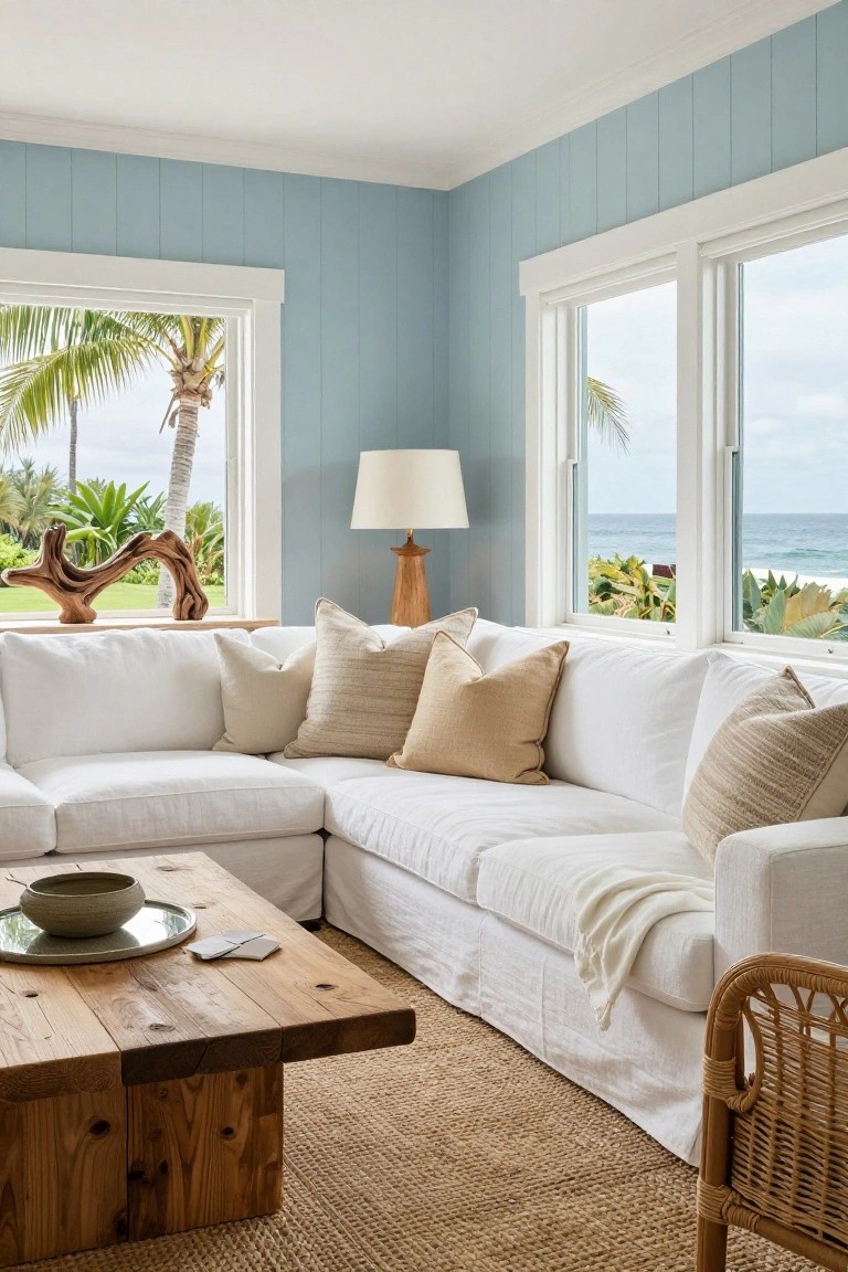 Corner white linen L-shaped sofa with beige and tan pillows in a light blue paneled living room, wooden coffee table, rattan chair, lamp, and large windows showing ocean, palms, and tropical plants.