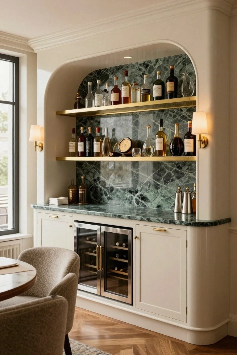 Curved white cabinetry with green marble countertop and arched backsplash, brass shelves holding liquor bottles, integrated double wine cooler doors, wall sconces, and upholstered chairs beside a window.