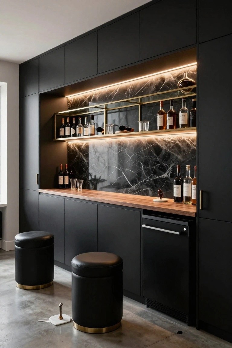 Modern indoor home bar with matte black cabinets, wooden countertop, recessed black marble backsplash illuminated by LED strips, brass wine bottle shelves, integrated dishwasher drawer, and two black leather bar stools on polished concrete floor.