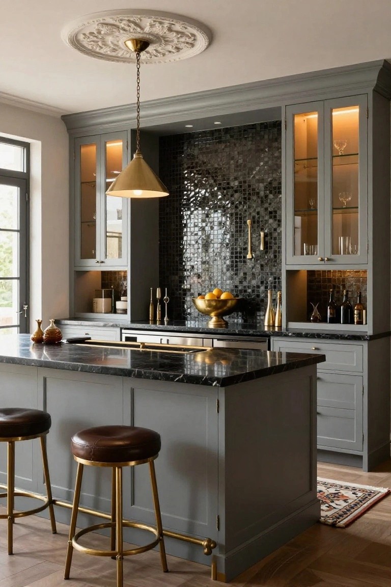 Gray kitchen cabinetry with glass-fronted upper shelves displaying barware and bottles, black mosaic tile feature wall, black marble island with brass stools, and brass pendant light overhead.