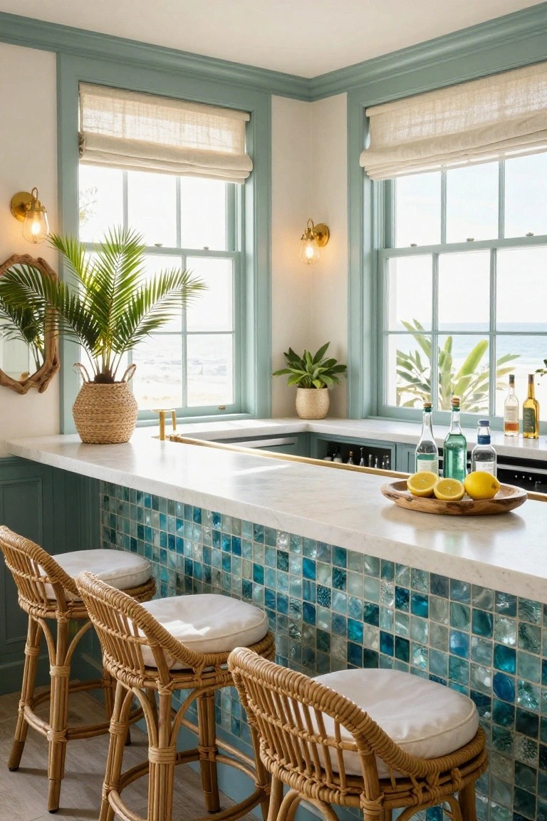 Interior of a home bar area featuring a white countertop with blue glass mosaic tile backsplash, four rattan barstools with white cushions, tropical plants, bottles on shelves, and large windows showing an ocean view.