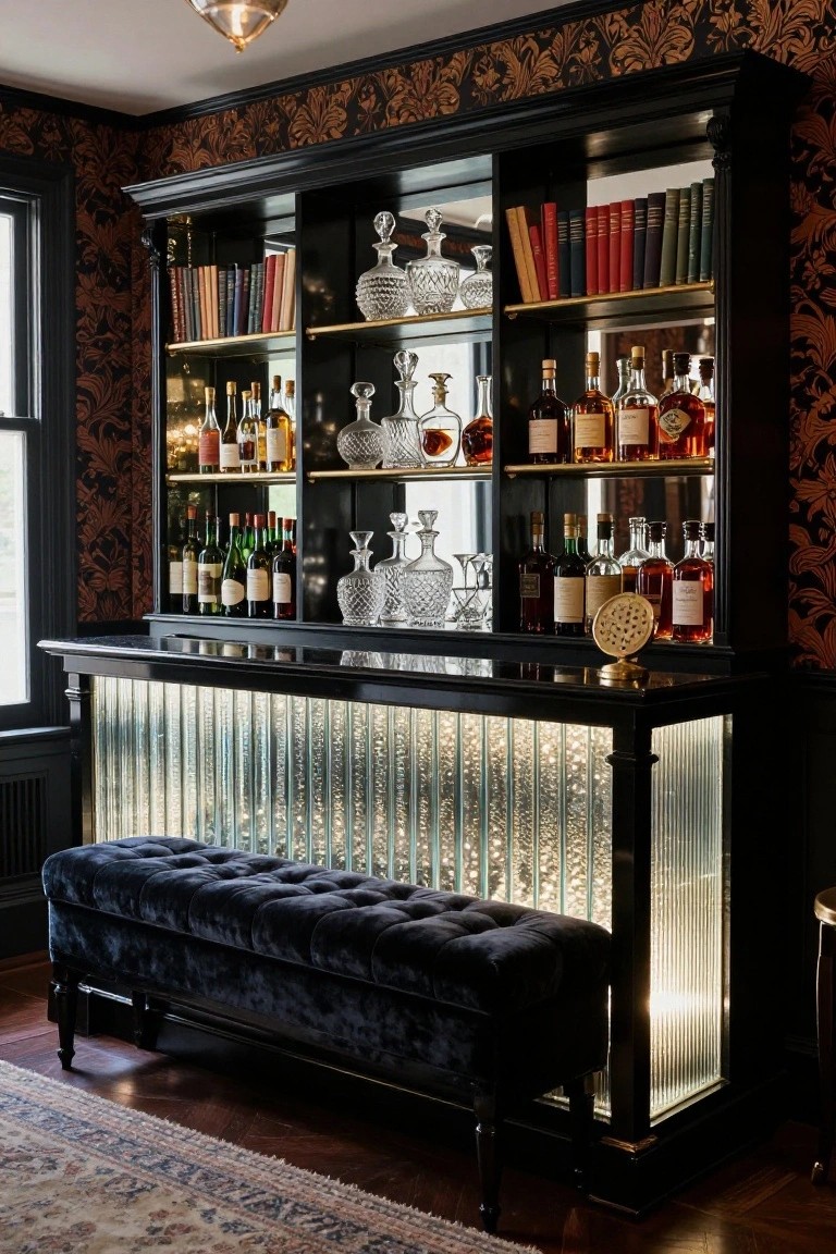 Black wooden built-in bar cabinet with shelves of liquor bottles, decanters, and books, a glowing glass-fronted counter, gold accents, and tufted black velvet bench in a room with red floral wallpaper.