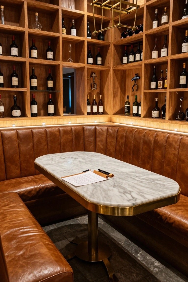 Wooden wine racks lining the walls of an interior room around tan leather banquette seating at an oval white marble table with gold base.