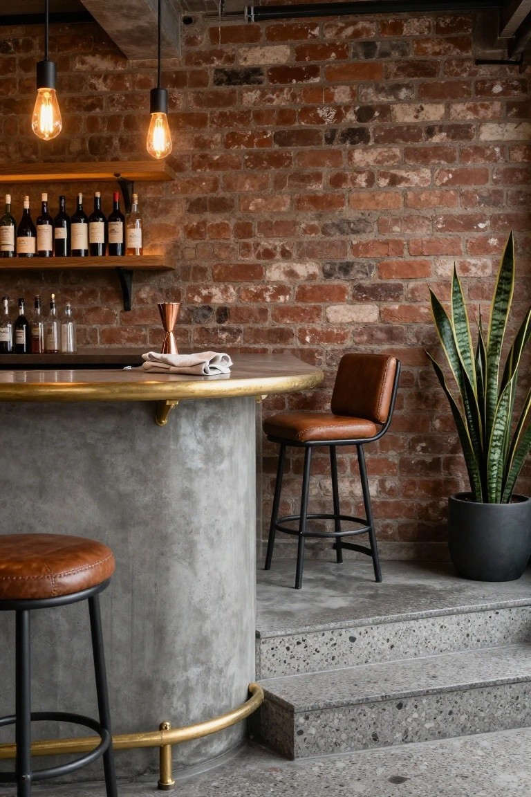 Curved gray concrete bar counter with brass edging and supports, two black metal bar stools with brown leather seats, exposed brick wall with wooden shelves holding wine bottles, copper jigger, linen napkin, and potted snake plant nearby.