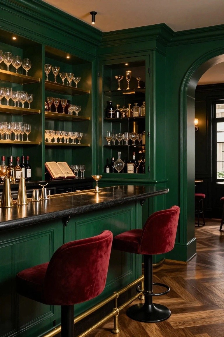 Home bar interior with deep green paneled cabinets, brass hardware and foot rails, black stone countertop, red velvet barstools, and glass shelves holding stemware and liquor bottles.
