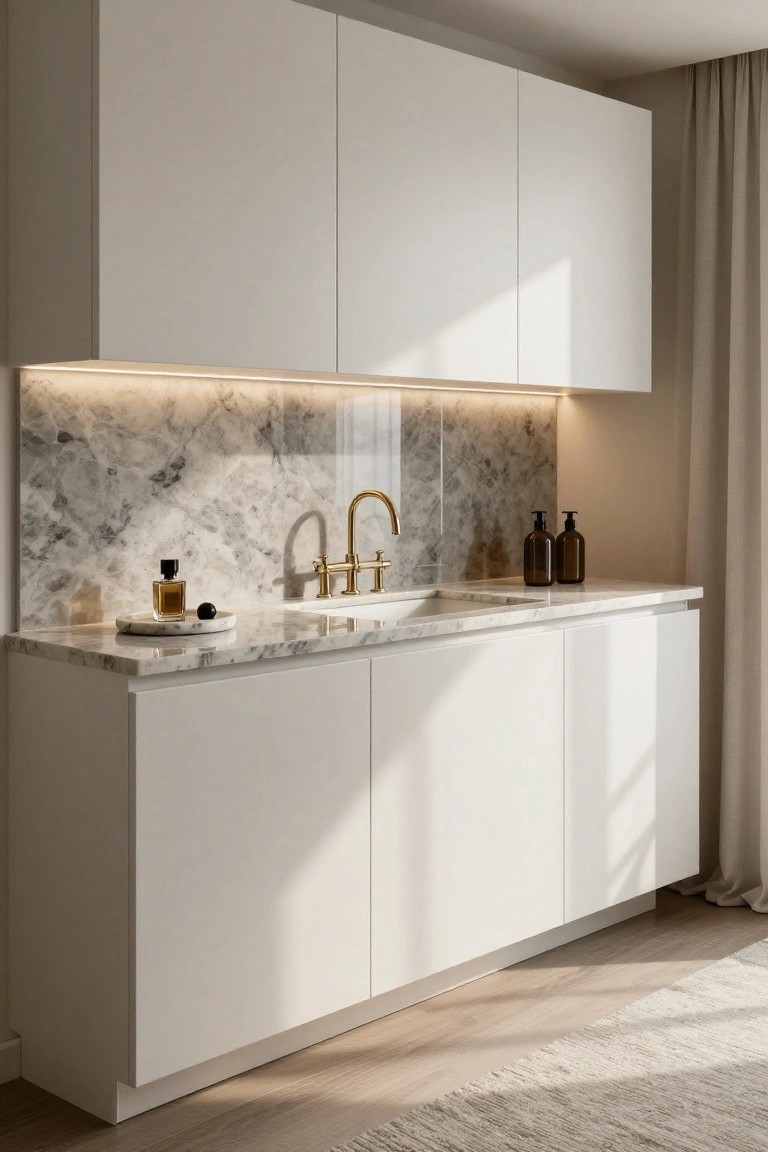 Modern white kitchen cabinets with gray veined marble countertop and backsplash, gold bridge faucet over sink, amber glass bottles on counter, and LED strip lighting behind backsplash.