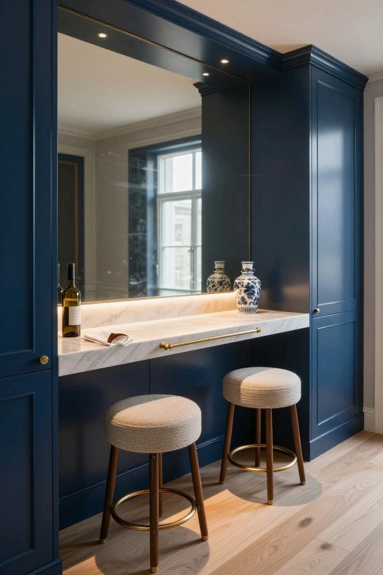 Built-in navy blue cabinetry with a marble countertop bar, brass handrail and accents, two cream upholstered stools with wood and gold legs, a wine bottle, folded cloth, and blue and white vase beside a large mirror in a room with light wood flooring.