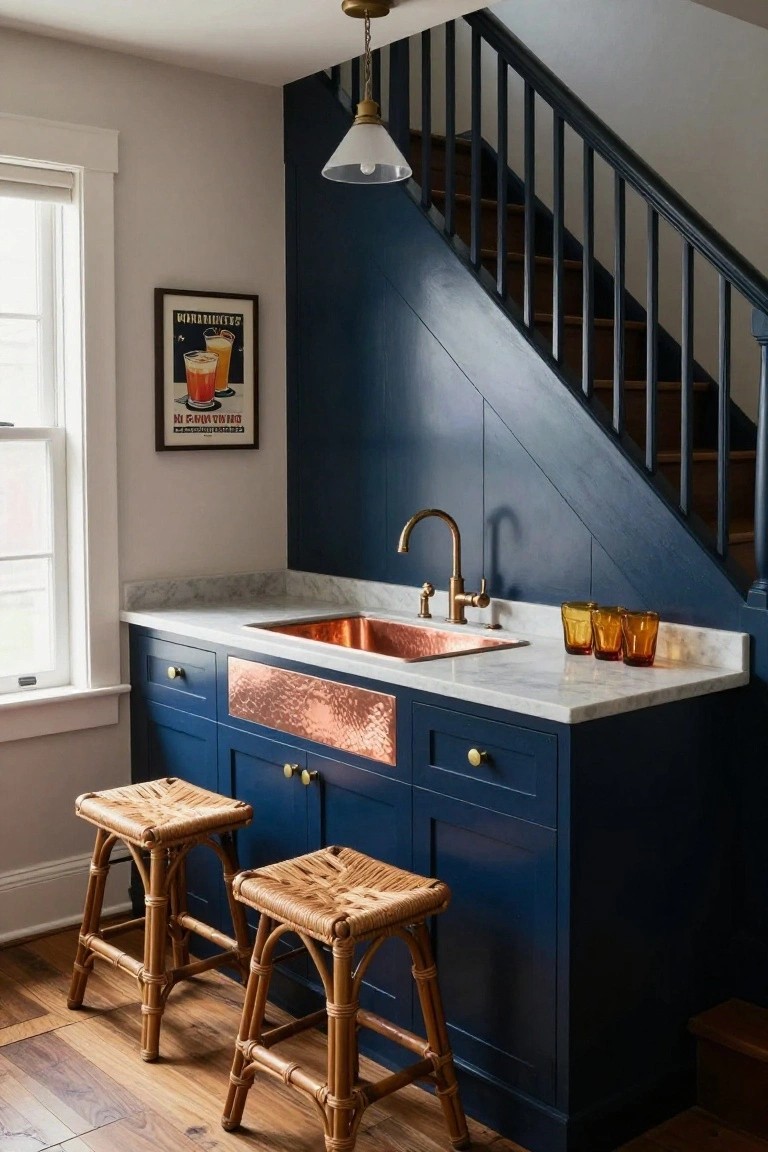 Compact home bar with navy blue cabinets, hammered copper sink, white marble countertop, brass faucet, yellow glass tumblers, two rattan stools, next to wooden stairs and a window with vintage orange drink poster.