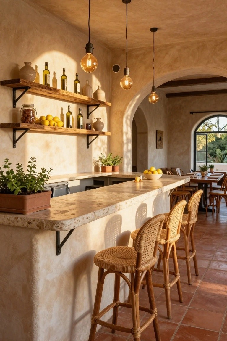 Home bar interior with wooden shelves stocked with glass bottles, jars, lemons, and ceramic pots above a light stone countertop, rattan barstools, potted herbs, and an arched window opening to greenery.