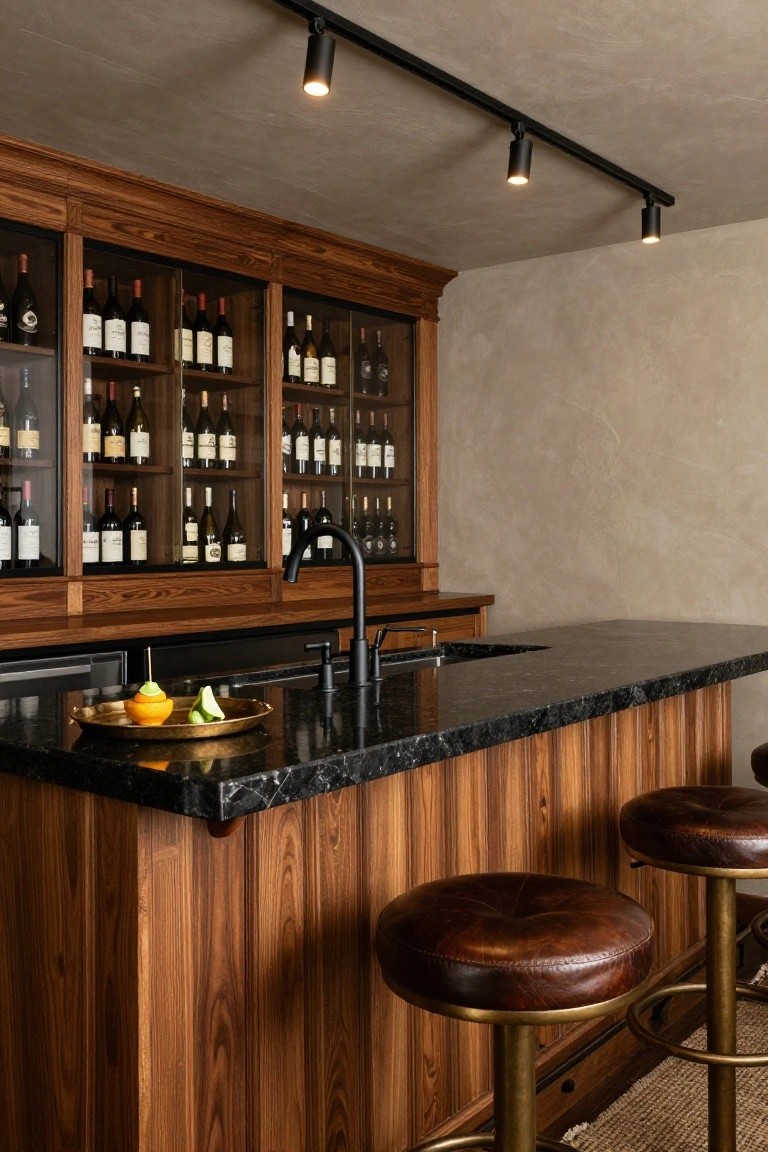 Wooden cabinetry with glass doors displaying wine bottles behind a black granite bar countertop with sink and faucet, flanked by two leather bar stools and track lights overhead.
