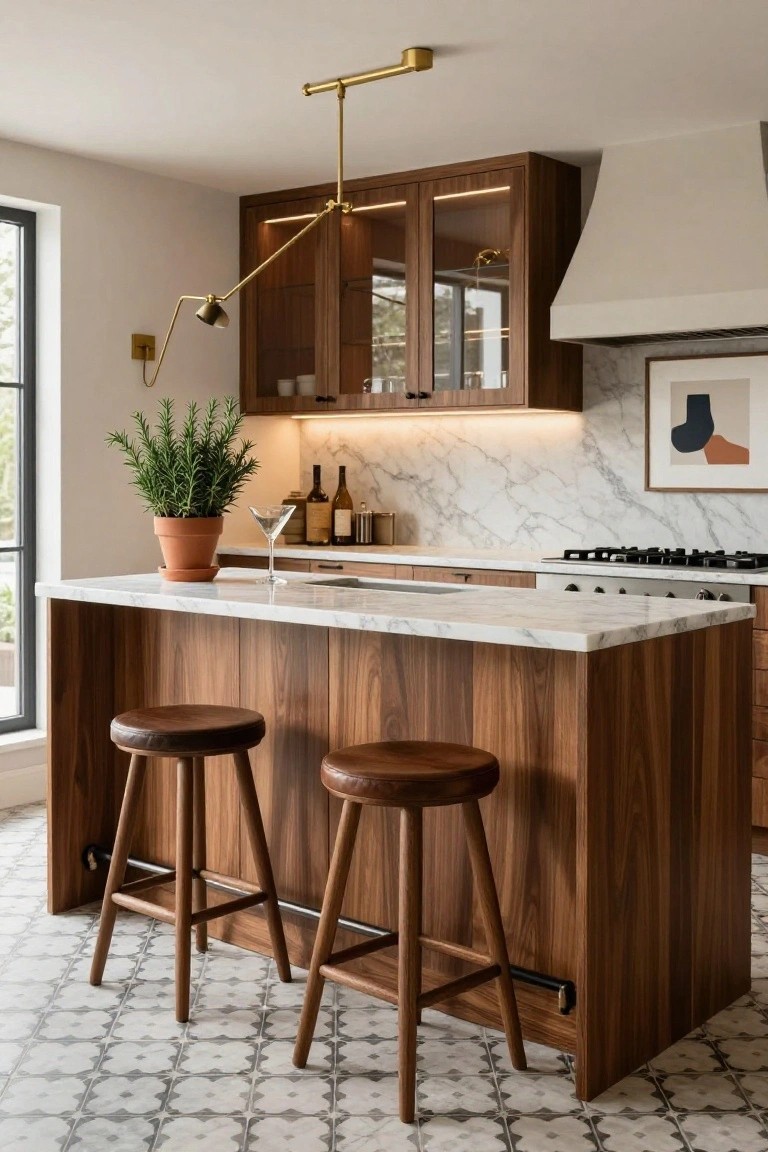 Contemporary kitchen interior with a large center island in walnut wood and white marble countertop, two leather-upholstered wooden bar stools, glass-fronted walnut cabinets, brass adjustable lighting, marble backsplash, gas range, and potted rosemary plant on the island.