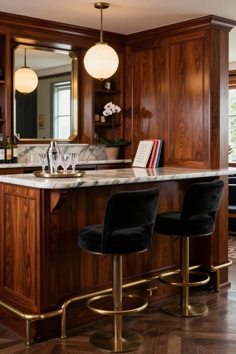 Corner home bar with walnut wood paneling on walls and cabinets, white marble countertop displaying cocktail shaker and glasses, two black velvet swivel stools with brass bases and foot rails, brass pendant lights overhead, and potted orchid on shelf.