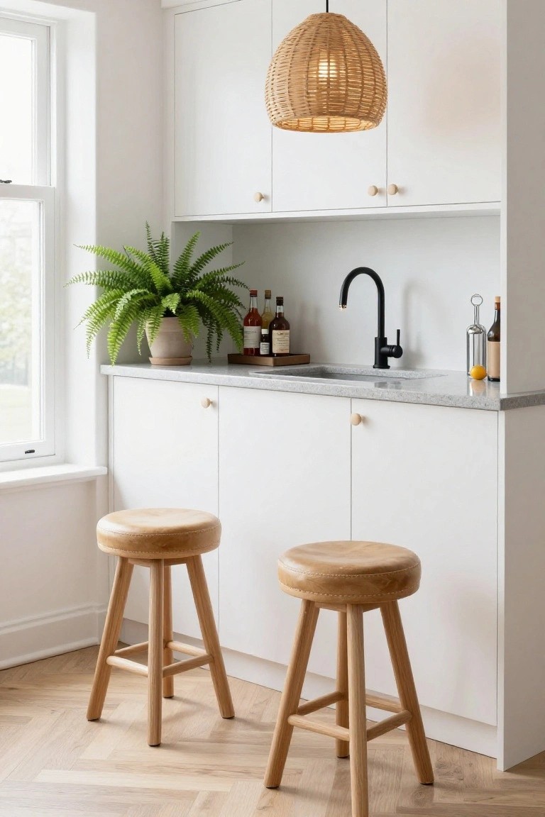 White kitchen cabinets surround a gray countertop with black faucet, bar bottles, potted fern, wooden stools, and rattan pendant light in a bright room with oak herringbone floor.