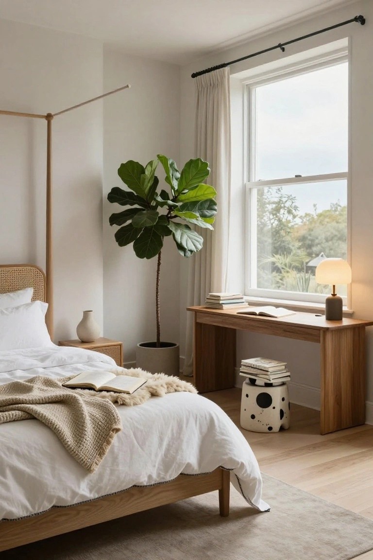 Bright bedroom with light wooden four-poster bed frame, rattan headboard, white bedding with throw, wooden desk with books and lamp by large window, tall fiddle leaf fig plant in corner, and neutral rug on wood floor.