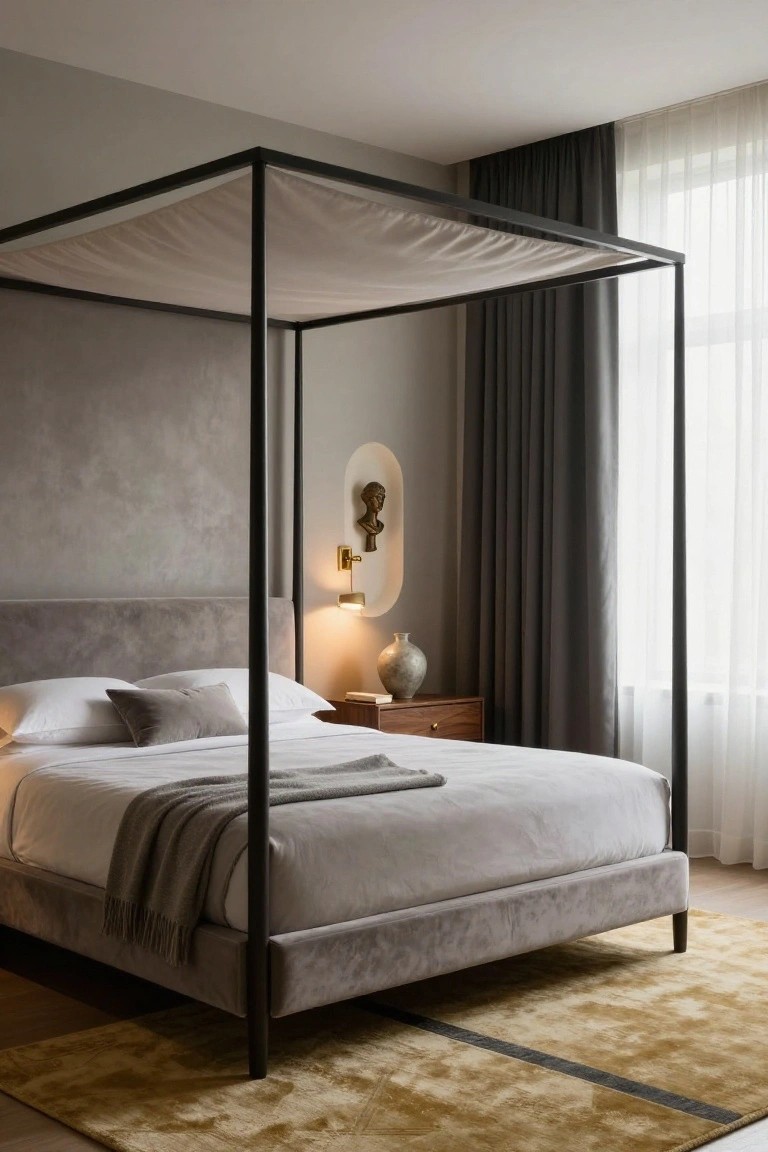 Bedroom interior with a gray velvet four-poster bed on black metal frame under beige fabric canopy, gray upholstered headboard, wood nightstand with vase and lamp, gray curtains on window, and beige rug on wood floor.