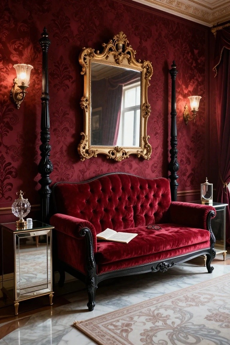 Red velvet tufted loveseat with black wood arms and legs positioned between two tall ornate black posts, next to a mirrored side table and in front of a large gold-framed mirror on crimson patterned wallpaper, with wall sconces and a small rug on marble floor.