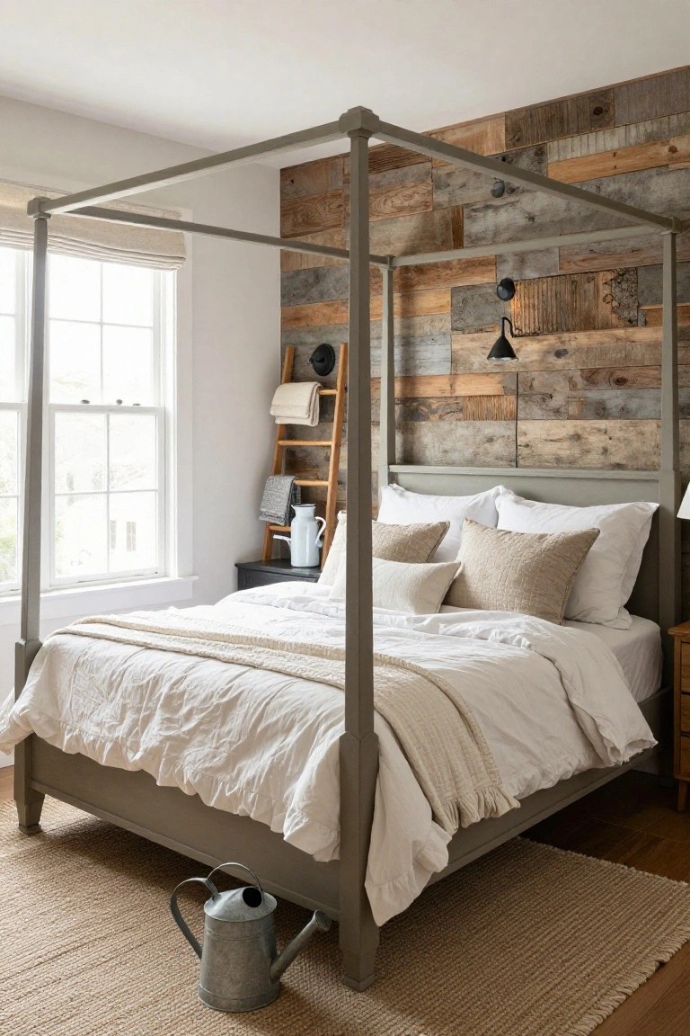 Gray four-poster bed with white bedding and beige pillows set against a reclaimed wood plank accent wall in a bedroom with ladder shelf, side tables, rug, and window.