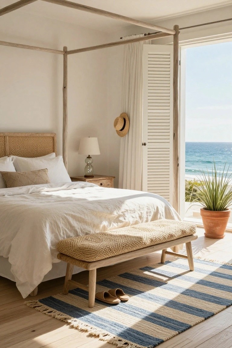A white bedroom with a four-poster bed featuring light driftwood-style posts, rattan headboard, white bedding, bench at foot, side table with lamp, open shutters to ocean view, potted plant, striped rug on wood floor.