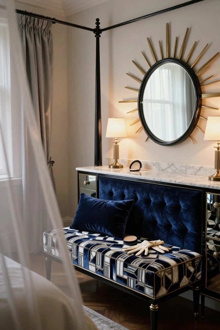 Bedroom interior with black four-poster bed draped in sheer white fabric, large gold sunburst mirror above marble console with blue velvet bench, and bedside lamps.