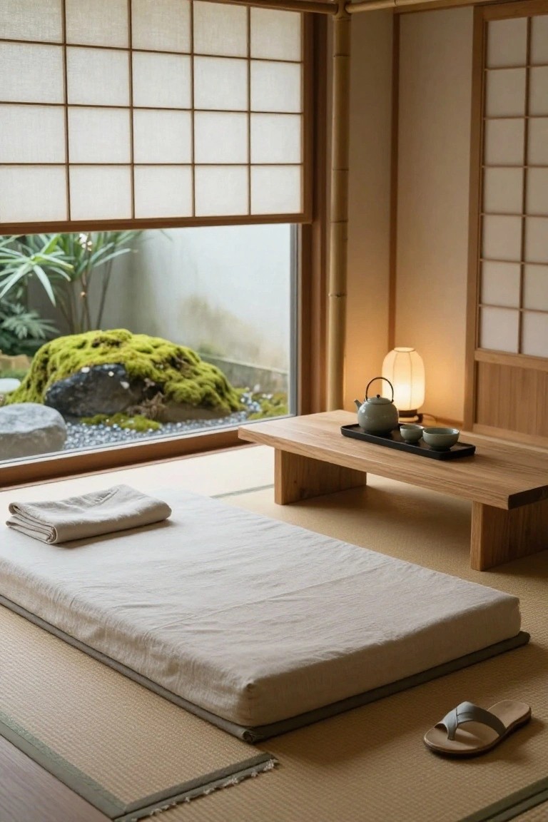 Traditional Japanese interior room with beige tatami floor, low white futon bed, wooden low table holding gray teapot and cups, shoji screens, lantern light, and window view of moss-covered rocks and plants in a garden.