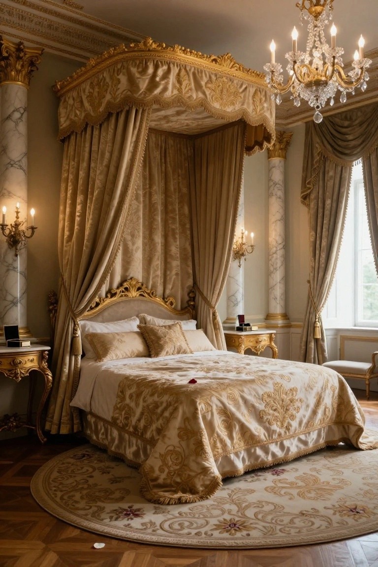 Opulent bedroom with a large four-poster canopy bed featuring gold ornate frame and beige draped fabric, marble columns, chandelier, wall sconces, and a round rug on wood floor.