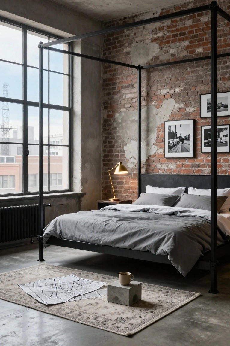 A loft bedroom with black metal four-poster bed, exposed brick walls, large metal-framed windows, gray bedding, gold lamp, and concrete floor.