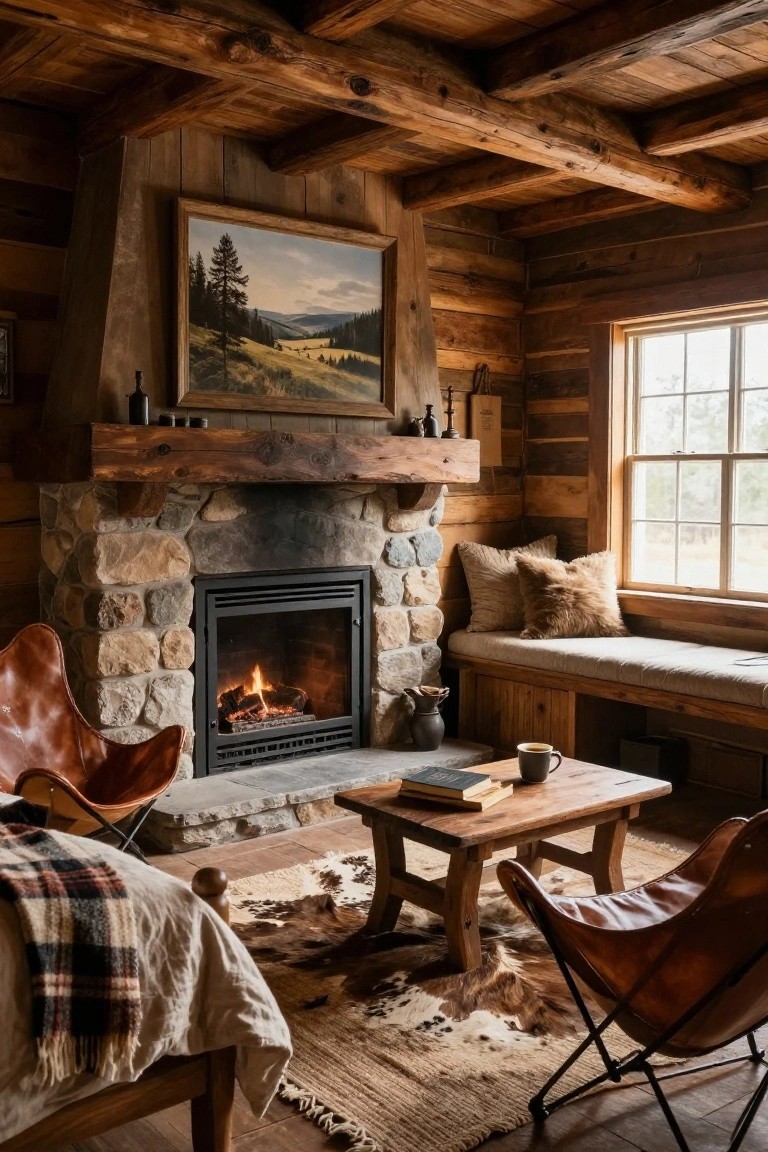 Log cabin interior with wooden walls and beams, stone fireplace, two leather chairs, wooden coffee table, window bench, and four-poster bed with plaid blanket in the corner.