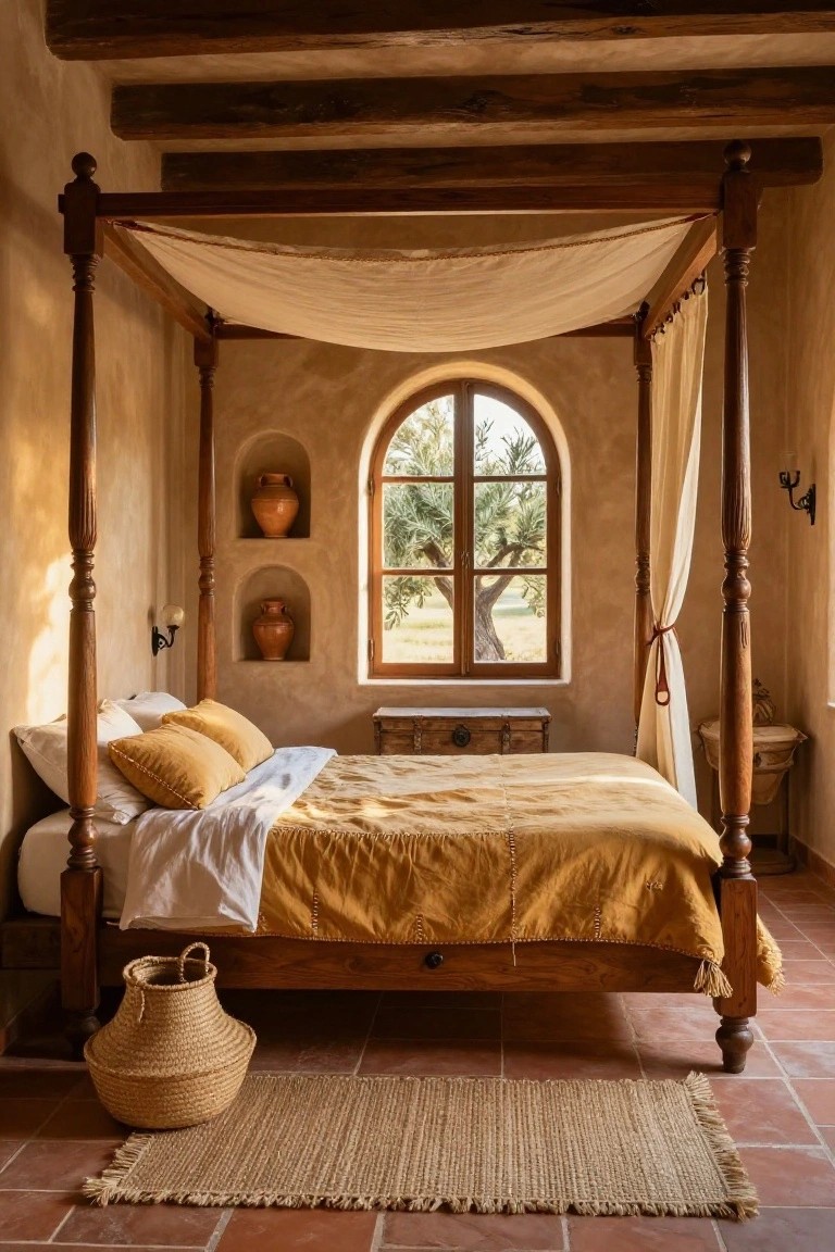 Wooden four-poster bed with sheer canopy drapes and yellow quilted bedding in a terracotta-walled bedroom with arched window, olive tree view, wall niches, and woven basket on terracotta tile floor.