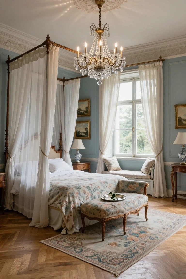 A bedroom interior with a wooden four-poster bed draped in white sheer fabric, pale blue walls, crystal chandelier, antique side tables, and window bench seating.