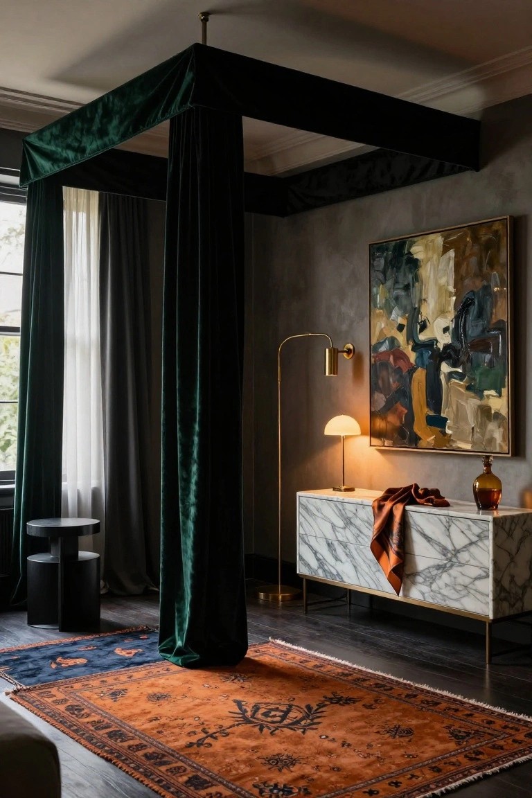 A bedroom interior with a black metal four-poster bed draped in emerald green velvet curtains and sheer inner panels, next to a marble dresser, gold lamps, an abstract painting, and oriental rugs on a dark wood floor.