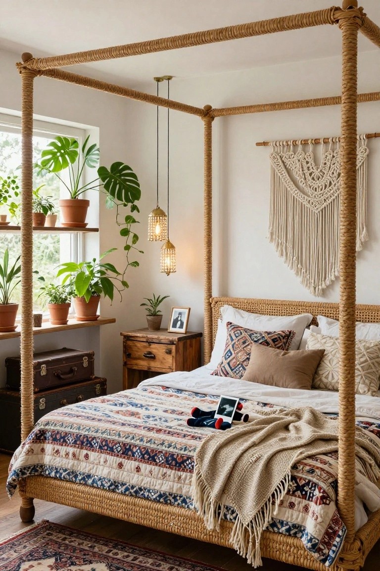 Bedroom interior with a large four-poster bed framed in woven rattan, colorful quilted bedding, potted plants on shelves by the window, wooden nightstand, and macrame wall hanging.