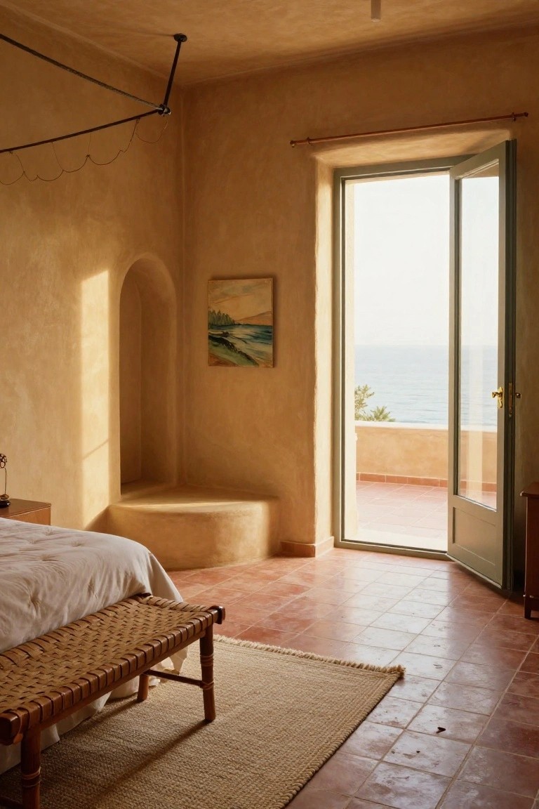 Bedroom with ochre plastered walls, curved built-in alcove bench near open green doors to a balcony overlooking the sea, white bed with rattan foot bench on terracotta tile floor.