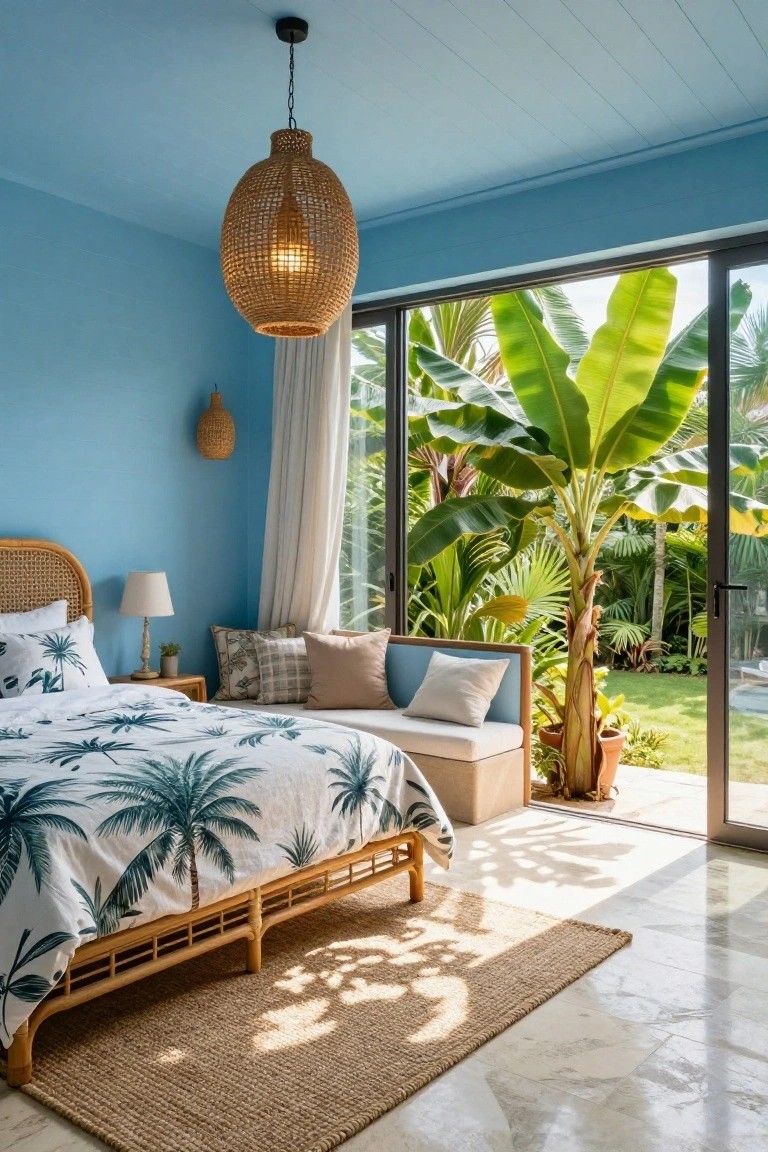 Light blue bedroom with rattan bed frame and headboard, white palm leaf print bedding, rattan pendant light, side table with lamp, built-in bench, and large sliding glass doors open to tropical garden with tall banana plants.
