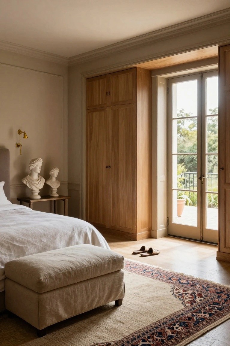 Light beige bedroom corner with white bed, beige linen ottoman, two white plaster busts on wooden side table, tall wooden wardrobe, brass wall light, open French doors to balcony with greenery and potted plant, Persian rug on wood floor