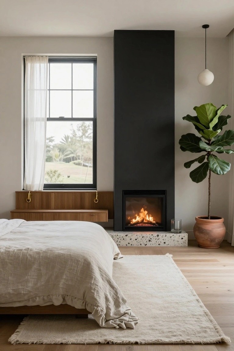 Modern bedroom with white bed on platform, tall black fireplace wall with burning gas fire, wooden built-in bench by window with sheer curtains, large potted fiddle leaf fig plant, and light wood floors.