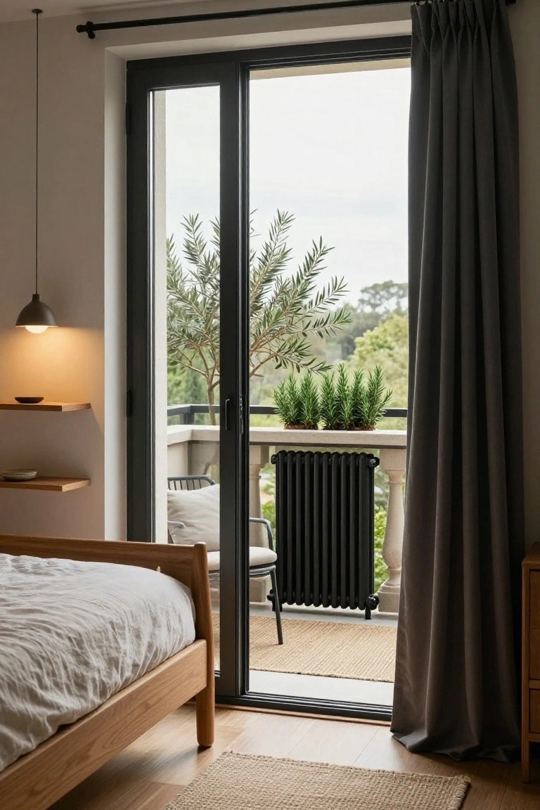 Light bedroom interior with wooden bed, white bedding, pendant lamp, shelves, and large open sliding glass doors to a balcony with potted plants, olive tree, black radiator, chair, and view of greenery.