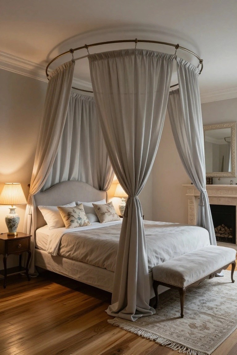 A bedroom interior with a king-size canopy bed draped in sheer gray curtains from a circular metal frame overhead, neutral bedding, two bedside lamps on wooden tables, a fireplace, a bench at the foot of the bed, and light wood floors with a rug.